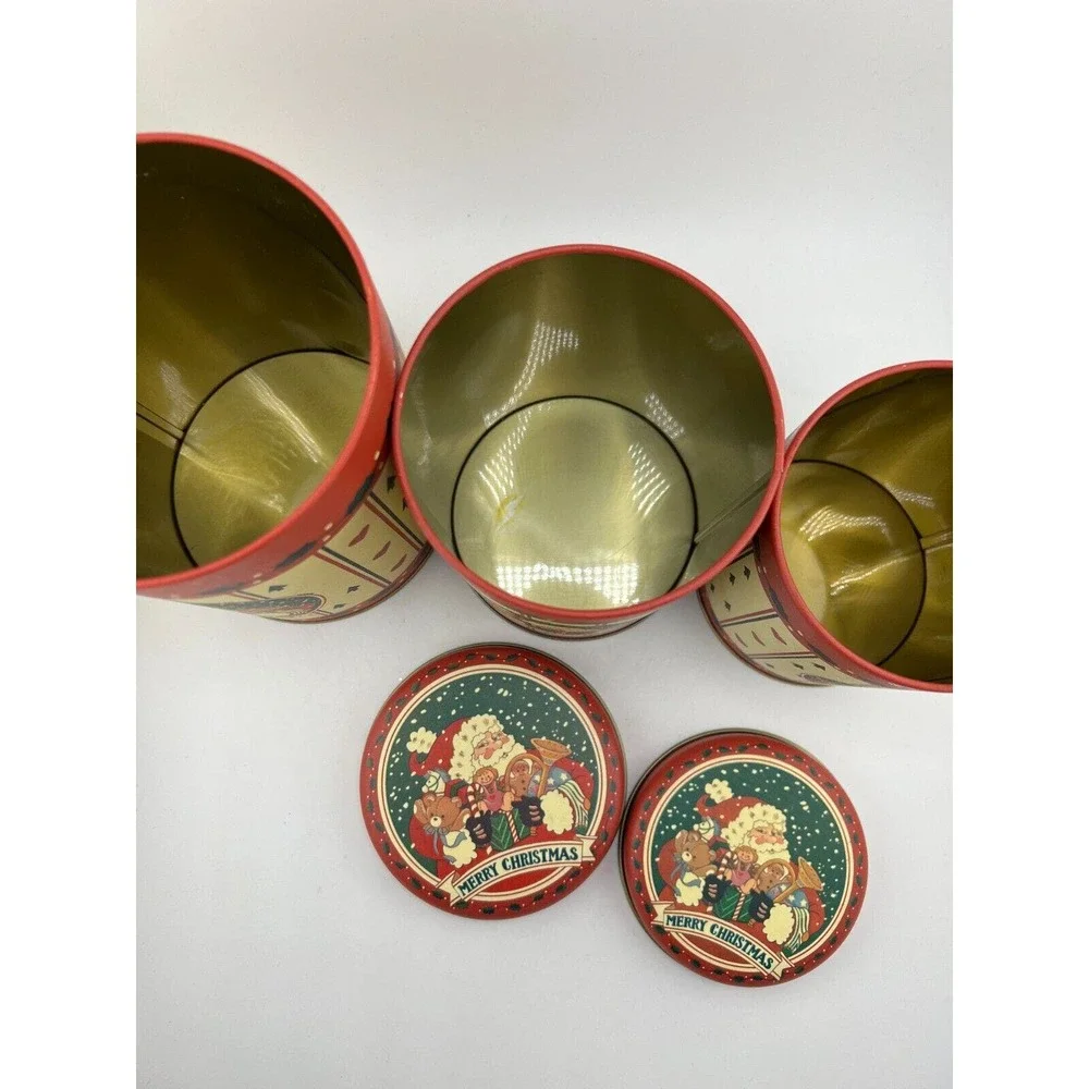 Vintage Holiday Merry Christmas Santa Tin‎ Set of 3